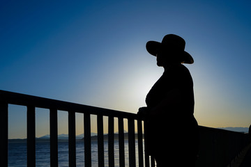 Female Wearing Sun Hat Standing By Railing Silhouette