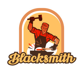 blacksmith worker with sledgehammer striking at anvil