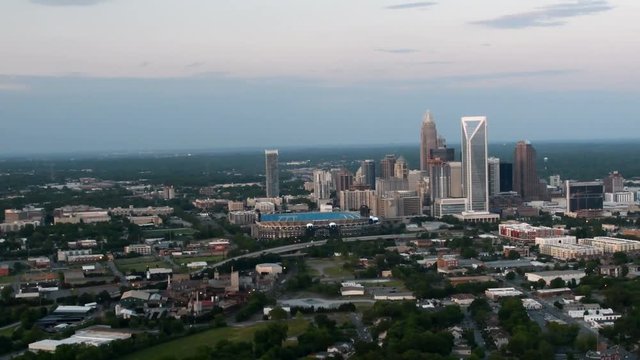 Aerial approach to the Charlotte, NC skyline from a helicopter