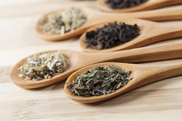 Dry tea on spoons