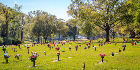 Endless Field of Flower Dedications at Cemetery:
Picture of a seemingly endless field of flower dedications at a cemetery in Montgomery, Alabama that literally span as far as the eye can see.