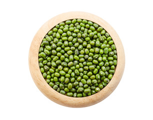 Green mung beans seeds in wooden dish.