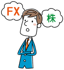 イラスト素材：ビジネスマン　FX　株　考える
