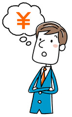イラスト素材：ビジネスマン　お金　考える
