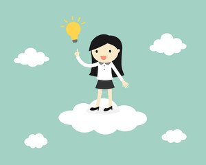 Business concept, Business woman standing on the cloud with a light bulb. Vector illustration.