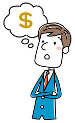 イラスト素材：ビジネスマン　ドル　考える
