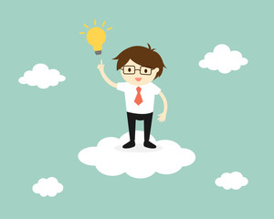 Business concept, Businessman standing on the cloud with a light bulb. Vector illustration.