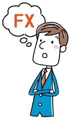 イラスト素材：ビジネスマン　FX　考える
