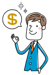 イラスト素材：ビジネスマン　お金　稼ぐ　海外　ドル　収入
