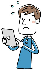 イラスト素材：ビジネスマン　カジュアル　スマートフォン　操作　困る　慌てる
