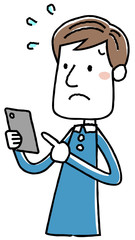 イラスト素材：ビジネスマン　カジュアル　スマートフォン　操作　困る　慌てる
