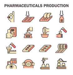Pharmaceutical and supplement manufacture industry vector icon. Include capsule pill tablet drug or medicine, filling bottle package, operator, computer,  robot, automated machine and production line.