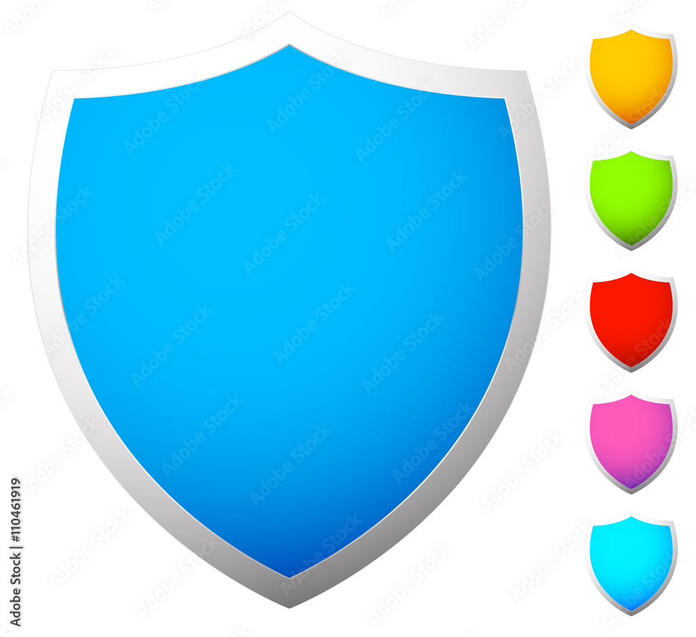 Poster set of shield shapes, icons in 6 colors