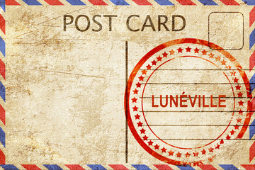 luneville, vintage postcard with a rough rubber stamp
