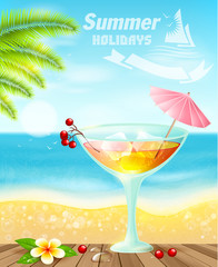 Summer cocktails on sea beach.Summer holiday vacation travel background.