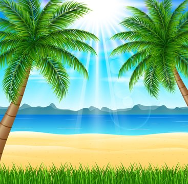 Tropical beach with bright sun and palm trees