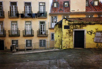 Retro style image of old european street and houses