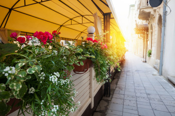 Street cafe terrace with tables and flowers