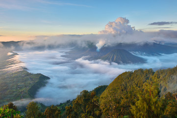 Naklejka na ściany i meble Bromo, and Batok volcanoes at sunrise,East Java, Indonesia