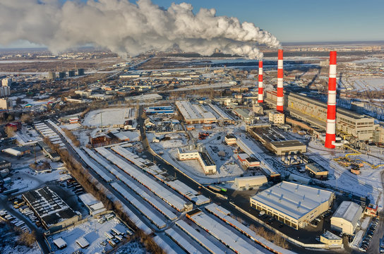 Tyumen, Russia - November 18, 2015: Aerial view on city power plant in winter season