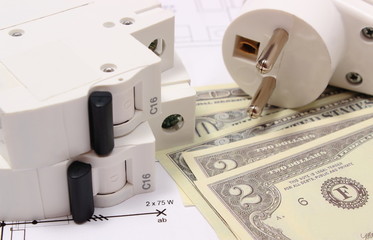 Electric fuse and plug, money on electrical drawing, energy concept