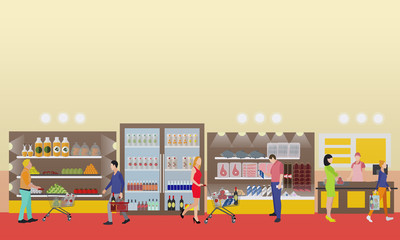 Supermarket interior vector illustration in flat style. Customers buy products in food store. 