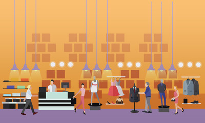 People shopping in a mall concept. Fashion clothes store Interior. Vector illustration. Design elements and banners in flat style.