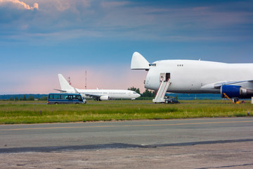 Cargo wide-body aircraft is the nose hatch open