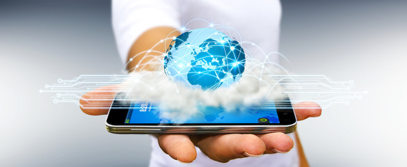 World and cloud connections in businessman hand © sdecoret