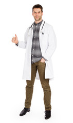 Happy male doctor showing thumb up