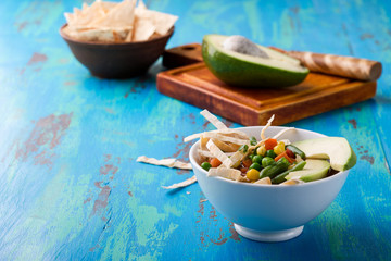 Mexican vegetable soup with strips of tortillas