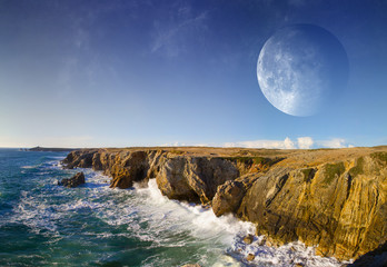 View of distant planet system from cliffs