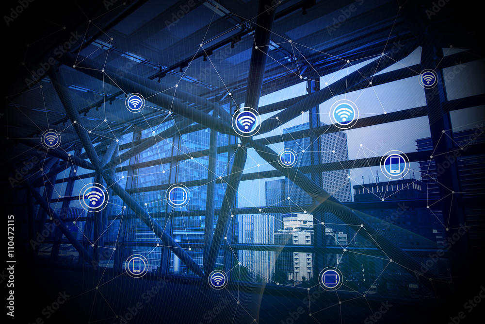Poster modern architecture and wireless communication network, abstract image visual