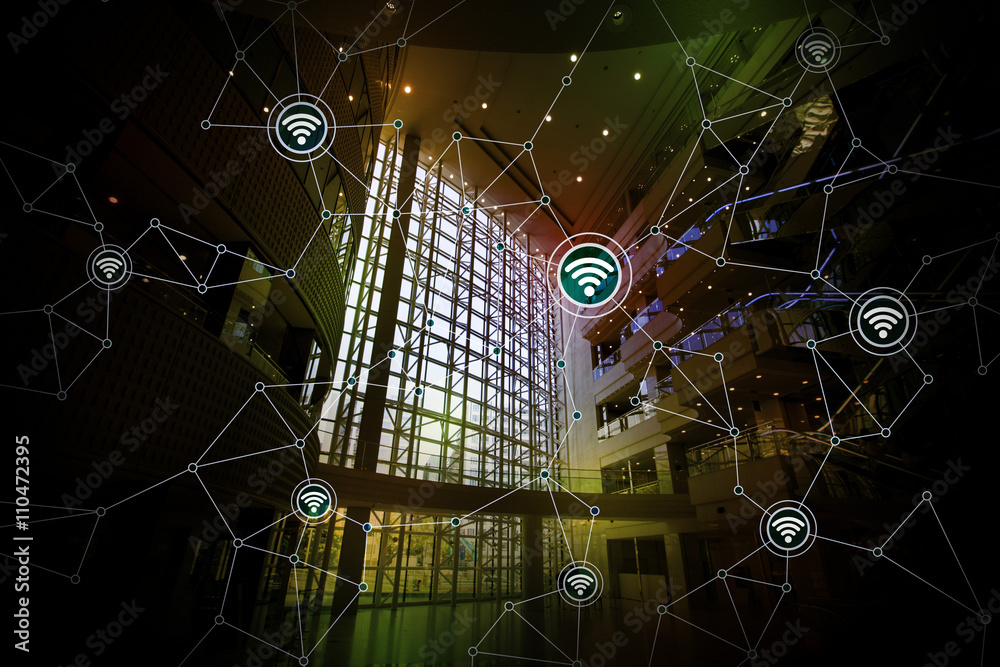 Poster modern architecture interior and wireless communication network, abstract image visual