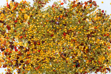Fototapeta premium sharp spice of red and black pepper, mustard seeds, cumin, green