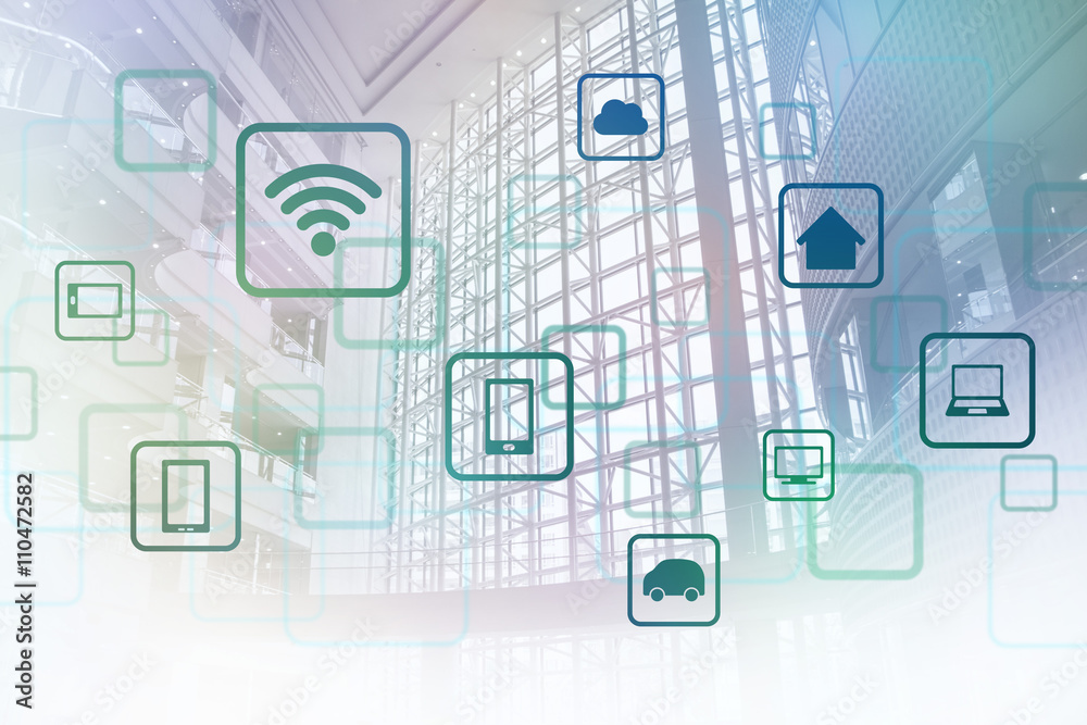 Aufkleber modern architecture interior and wireless communication network, Internet of things (IoT), abstract image visual