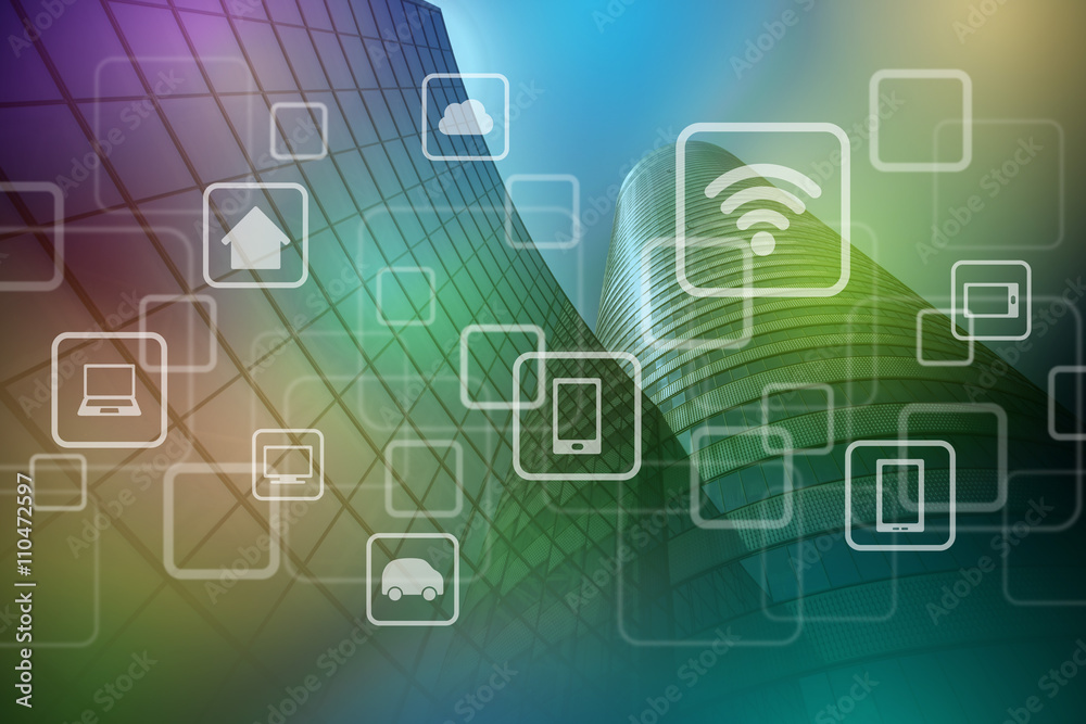 Poster modern architecture exterior and wireless communication network, internet of things (iot), abstract 
