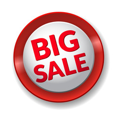Red sale button. Label for special offer. Design template. Round sign isolated on white background. Discount volume icon with shadow. Label advertising message. Typography print. Vector illustration