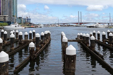 Wooden poles at the Melbourne Docklands in Melbourne, Victoria Harbour in Australia with the view...