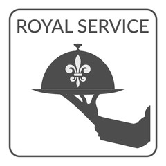 Waiter hand holding plate. Logo Design for cafe, coffee shop, restaurant. Service Concept. Flat Style. Restaurant menu design. Food serving on white background. Restaurant icon with royal fleur de lis