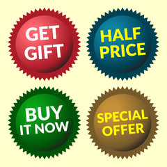 Red, green, brown and blue discount price tags on yellow background. Set of colorfull volume sale stickers and labels. Collection sale discount banners. Sale design template. Vector illustration