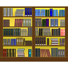 Bookshelves with a lot of books. Stacks of books of different colors, sizes and shapes in a big bookcase. The symbol of Library, bookstore, education, school or science. Naturalistic design. Vector