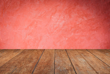Perspective brown wood on red wall background