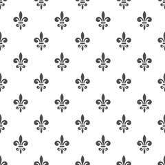 Seamless pattern with fleur-de-lis on a white background. Graphics for wallpaper, wrapping, fabric, apparel, other print production. Fleur de lis royal lily texture in antique style. Vector - obrazy, fototapety, plakaty