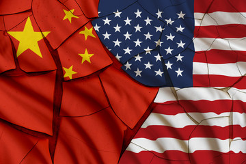 Flag of USA and China. A symbol of many conflict between Washington and Beijing i.e. military, diplomatic, trade, politic, naval, armed, investment, currency, economic, south china sea, territorial.