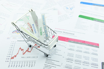 Obraz premium Various asset types in a shopping cart. An ideal investment that diversifies every assets in a portfolio to minimize unsystematic risk as low as possible. Asset allocation and diversification concept.