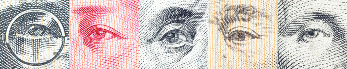 Portraits / images / the eyes of famous leader on banknotes, currencies of the most dominant...
