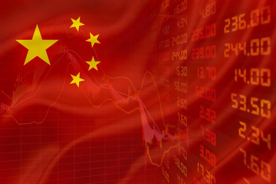 Flag of China with a simple downtrend chart of financial instruments and a display of daily stock market price and quotations.