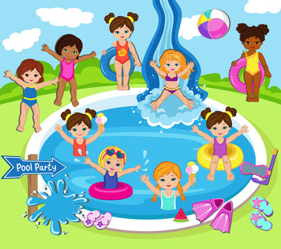 Illustration of Kids Having a Pool Party. © sandybar