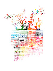 Fototapeta premium Colorful music background with music notes and hummingbirds